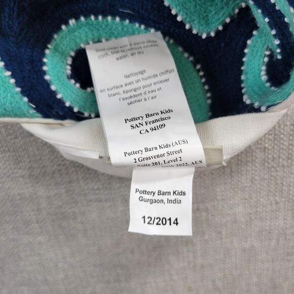 Pottery Barn Kids Pillowcase 16x16 Blue Beaded Octopus Embroidered Cotton Square - Picture 10 of 15